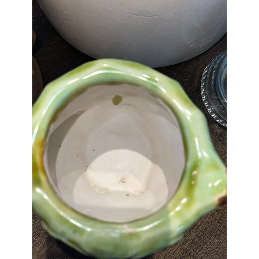 Vintage Green Glazed Ceramic Owl Planter Pot Crackle Glaze Hand Crafted Succulen